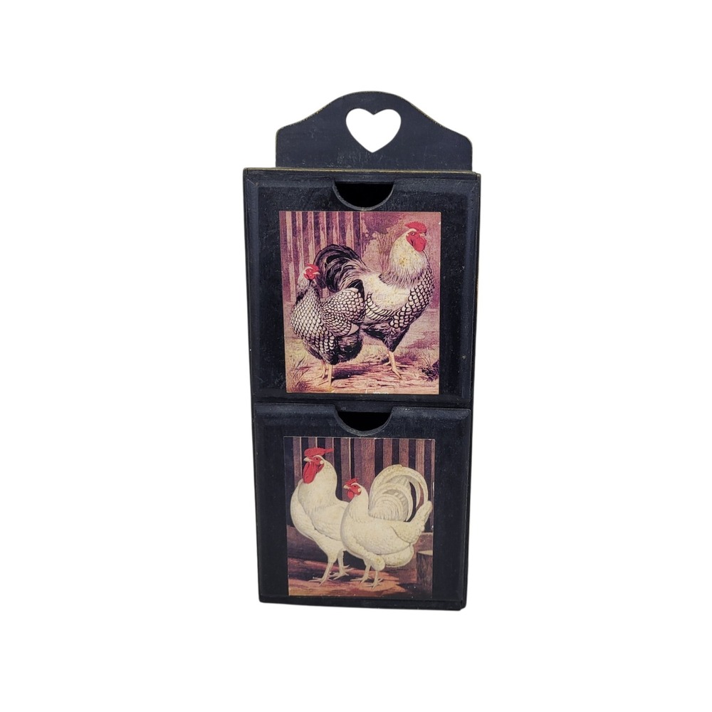 Vintage Farmhouse Wooden Rooster Spice Box 2 Drawer Wall Hanging Heart Cutout